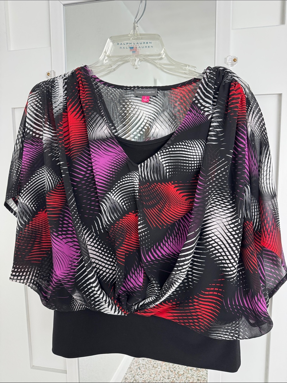 Vince Camuto Black Blouse with Red and Purple Abstract Print